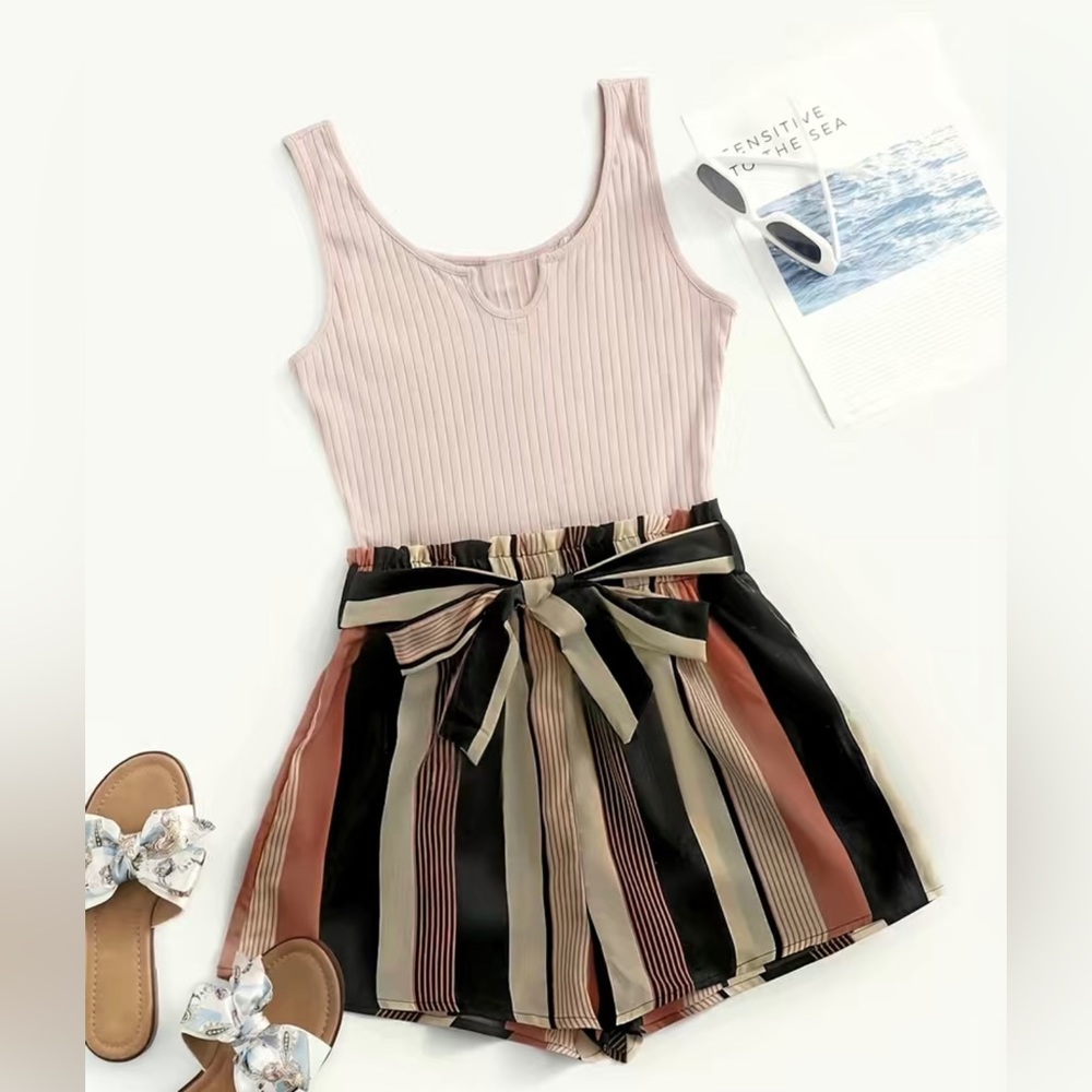 Stripe Print Belted Romper
